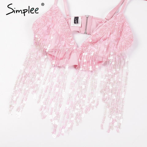 V neck backless camisole tank top Sexy tassels sequins crop top women tops Sexy party short pink cami sweater