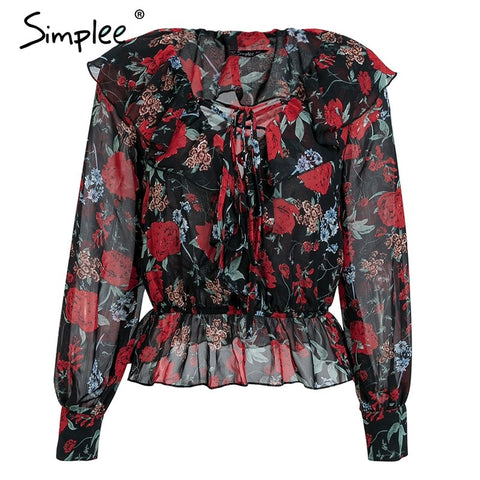 V neck floral print women shirt Lace up ruffles short sexy blouse 2022 Autumn long sleeve casual blusas female