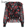 V neck floral print women shirt Lace up ruffles short sexy blouse 2022 Autumn long sleeve casual blusas female