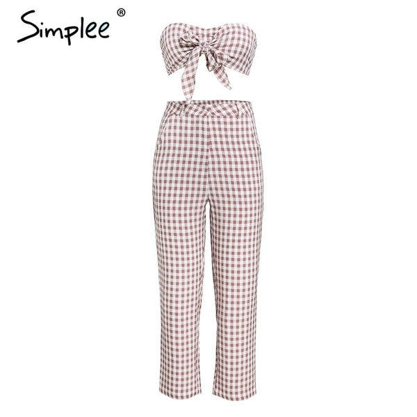 Vintage plaid women two piece set jumpsuit Bow crop top jumpsuit overalls 2022 Summer casual playsuit high waist macacao