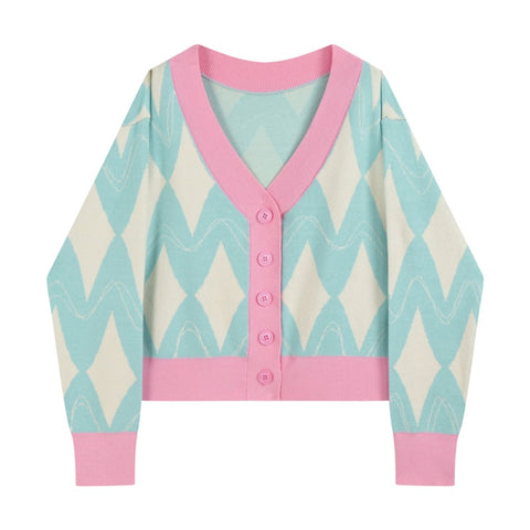Single Breasted Casual Vintage Harajuku Knit Cardigan Sweater Women Female Elegant V-Neck Long Sleeve Loose Plaid Sweaters Tops