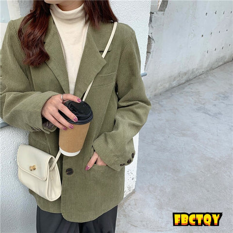 Single Breasted Retro Thick Corduroy Blazer Long Sleeve Office Lady Blazer 2022 Women Outerwear Loose Suit Jacket Coats office
