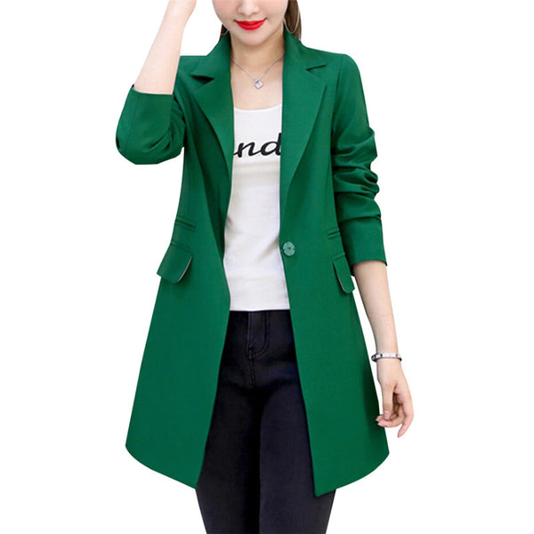 Single Button Spring Autumn Slim Women Long Blazer Suit Jacket Coat Solid Gray Green Black 3XL Plus Size