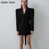 Sister Fara 2022 Autumn Winter Long Puffy Sleeves Blazer Coat Women's Lace Up Jacket Ladies Elegant Loose Solid Casual Blazers