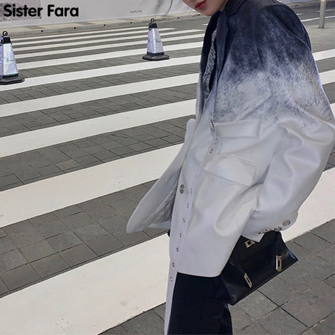 Sister Fara Chic Paint Splash Blazer Jacket Women Spring 2022 Single Button Jacket Coat Autumn Office Lady Loose Casual Blazers