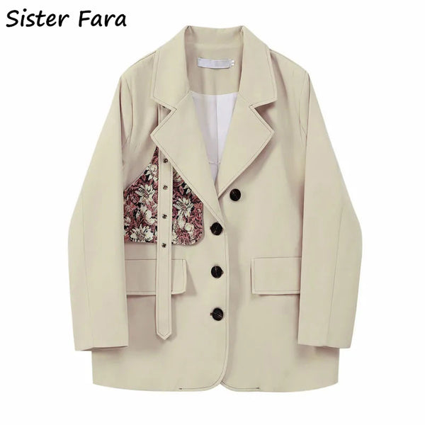 Sister Fara Chic Patchwork Blazer Jacket Women Spring 2023 Loose Single Breasted Jacket Coat Autumn Office Lady Lace Up Blazers