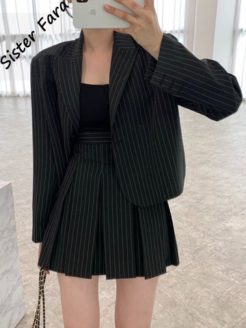 Sister Fara Chic Stripe Short Coat Spring Set Woman 2Pieces+High Waist Pleated Mini Half Skirt Ladies Casual Two Piece Set Women
