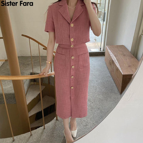 Sister Fara Elegant Turn-down Collar Short Blazers Summer Women's Suit+High Waist Chic Buttons Half Skirt Two Piece Set Women
