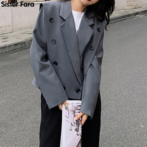 Sister Fara Ladies Double Breasted Blazer Women's Spring Jacket Coat Short Notched Solid Chic Blazers Autumn Casual Women's Suit