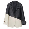 Sister Fara Autumn Winter Patchwork PU Leather Blazer Women's Turn-Down Collar Hit Color Jacket Female Casual Blazers Jacket