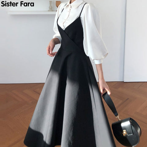 Sister Fara Spring Dress 2023 Women Single Breasted Lantern Sleeve Shirt Set+Camisole Bow Pleated Solid Dresses
