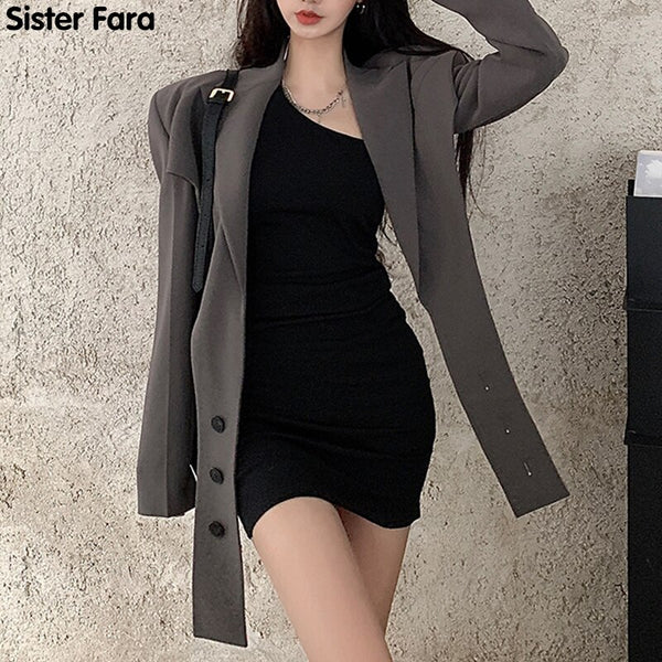 Sister Fara Spring 2022 Blazers Coat Women Set+Chic Backless Mini Strap Dress Autumn Office Lady 2 Pieces Set
