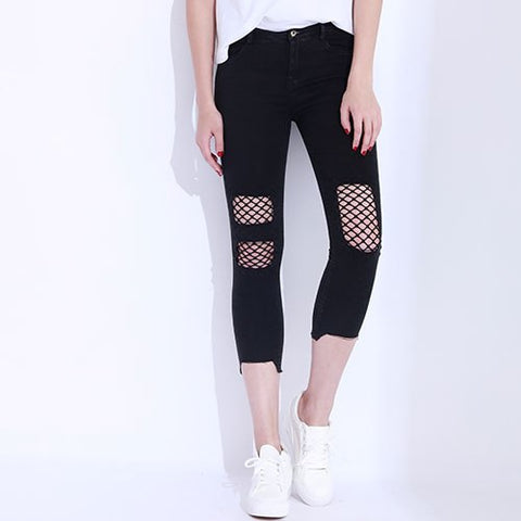 Skinny Jeans Female Ripped Jeans For Women Pencil Pants Summer Black Net Denim Hole Pants Ladies Pantalones Mujer Jeans GAREMAY