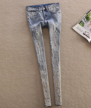 Skinny Jeans Woman Diamond Embroidered Hole Pencil Pants Blue denim Trousers women's jeans Fashion 4xl plus size