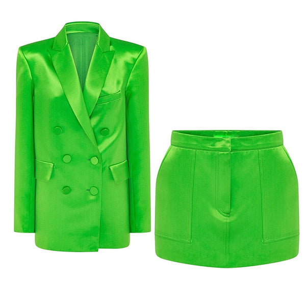 Skirt Blazer Suits Green Violet 2023 Bright Satin Double Breasted Loose Jacket Mini Skirt Two Piece Sets Women