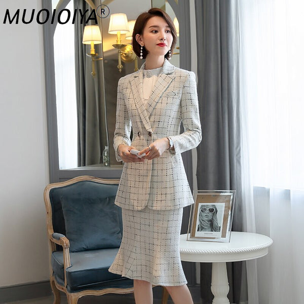 Skirt Suit Women Elegant Plaid Blazer Jacket Coat Office Ladies Work Formal Business Wear Two Piece Set Winter Clothes Plus Size