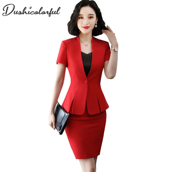 Skirt Suit Women Summer Short Sleeve OL Ladies Blazer Skirt Two Piece Set Office Uniform Black Business Work Outfit