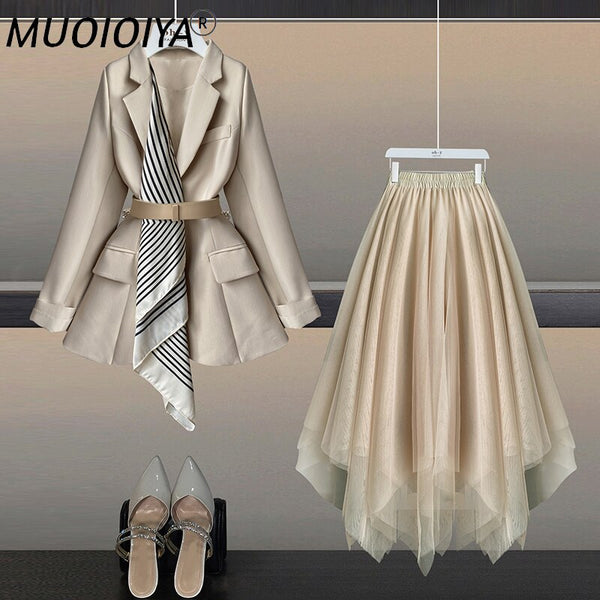 Skirt Suit Women's Spring Autumn 2022 Two Piece Set High Waist Pleated Tutu Skirt & Korean Blazer With Belt Clothes