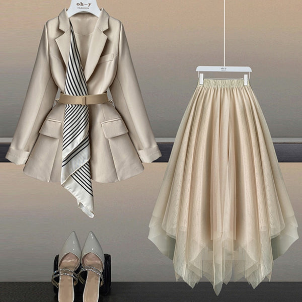 Skirt Suit Women's Spring Autumn 2022 Two Piece Set High Waist Pleated Tutu Skirt & Korean Blazer With Belt Clothes
