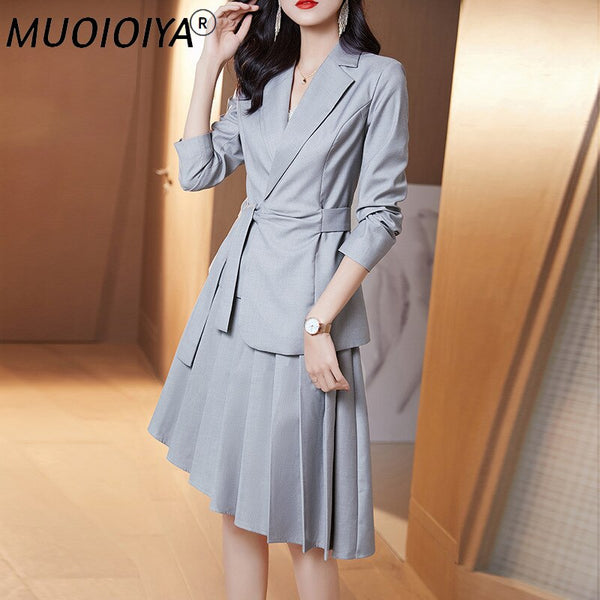 Skirt Suits 2 Piece Set Women Office Ladies Formal Work Long Sleeve Blazer Suit Jacket Spring Autumn Fall Pleated Midi Skirt