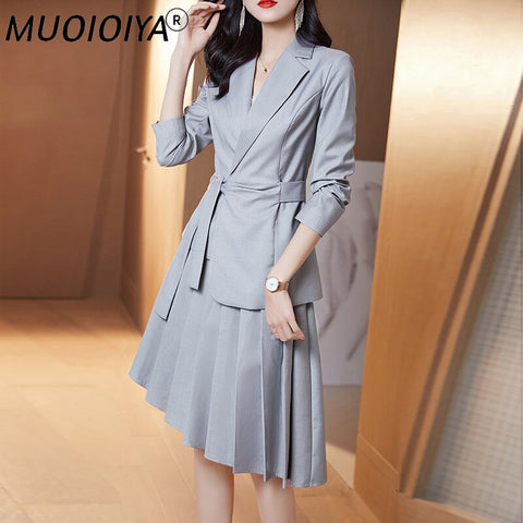 Skirt Suits 2 Piece Set Women Office Ladies Formal Work Long Sleeve Blazer Suit Jacket Spring Autumn Fall Pleated Midi Skirt