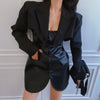 Skirt Suits Swwet 2023 Autumn Short Irregular Suit Long Sleeve Black Blazers+Strapless Pu Leather Mini Skirt BI5