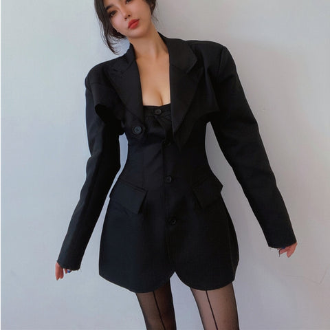 Skirt Suits Swwet 2023 Autumn Short Irregular Suit Long Sleeve Black Blazers+Strapless Pu Leather Mini Skirt BI5