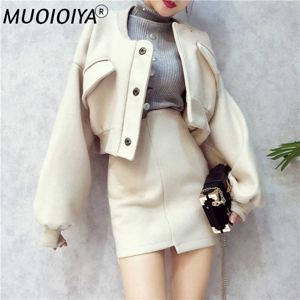 Skirt Suits Women 2 Piece Sets 2022 legant Vintage Autumn Winter Wool Blazer Jacket Tops & Pencil Skirt Office Casual Wear