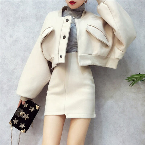 Skirt Suits Women 2 Piece Sets 2022 legant Vintage Autumn Winter Wool Blazer Jacket Tops & Pencil Skirt Office Casual Wear