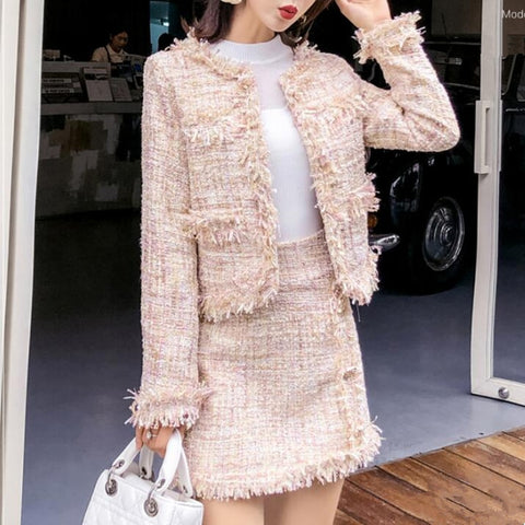 Skirt Suits Women Runway Designer Elegant Office Ladies Formal Tweed Blazer Short Jacket Coat Mini Skirt 2 Piece Set Suit Outfit