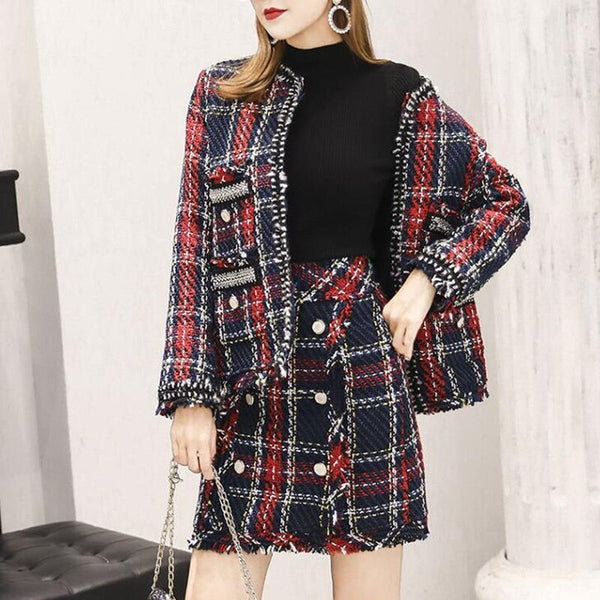Skirt Suits Women Runway Designer Elegant Office Ladies Formal Tweed Wool Plaid Blazer Jacket Mini Skirt 2 Piece Set Fall Winter