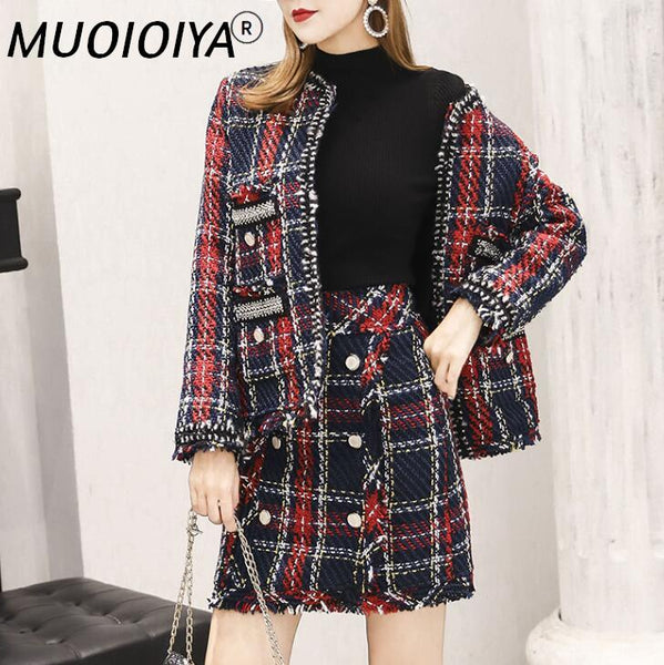 Skirt Suits Women Runway Designer Elegant Office Ladies Formal Tweed Wool Plaid Blazer Jacket Mini Skirt 2 Piece Set Fall Winter
