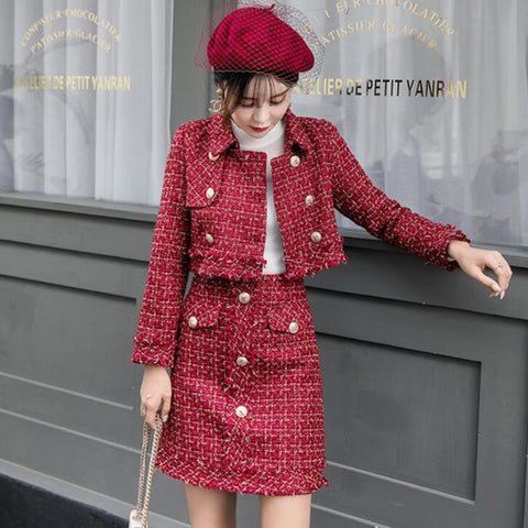 Skirt Suits Women Runway Designer Elegant Office Lady Formal Tweed Red Blazer Jacket Mini Skirt 2 Piece Sets 2022 Autumn Winter