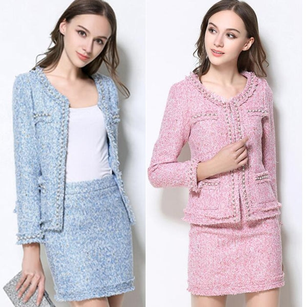 Skirt Suits Women Runway Designer Elegant Office Lady Formal Tweed Wool Blazer Jacket Mini Skirt 2 Piece Sets 2022 Autumn Winter