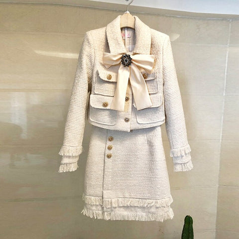 Skirt Suits Women Runway  Designers Elegant Office Ladies Formal Tweed Blazer Jacket Mini Skirt 2 Piece Set Winter Outfits