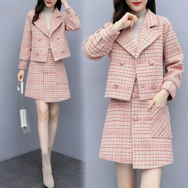 Skirt Suits Women Set Autumn Winter Elegant Vintage Plaid Blazer Coat Tops and Pink Mini Skirt 2 Two Piece Set Ladies Clothes
