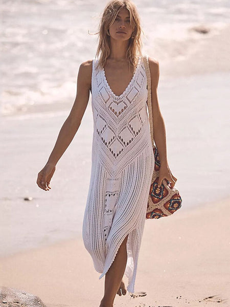 Sleeveless Bikini Cover-ups Sexy Crochet Knitted Beach Summer Dress Women V Neck Long Swim Cover Up Female Holiday Sundress