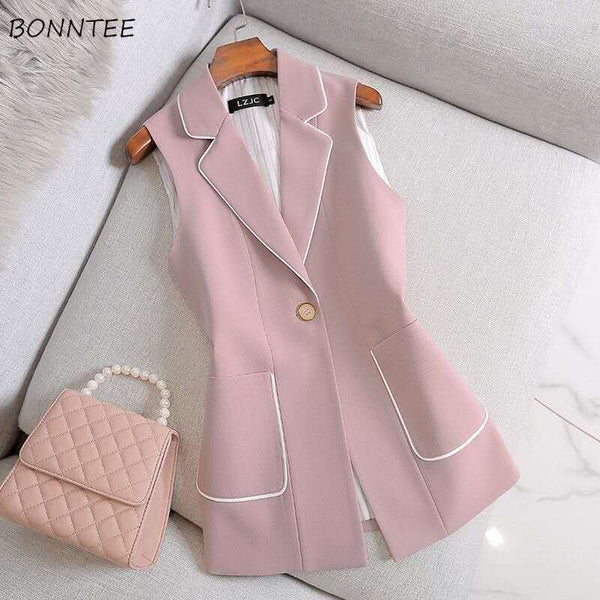 Sleeveless Blazers Women Solid Notched Single Button Casual Slim Simple Cozy Office All-match Plus Size S-4XL Autumn New