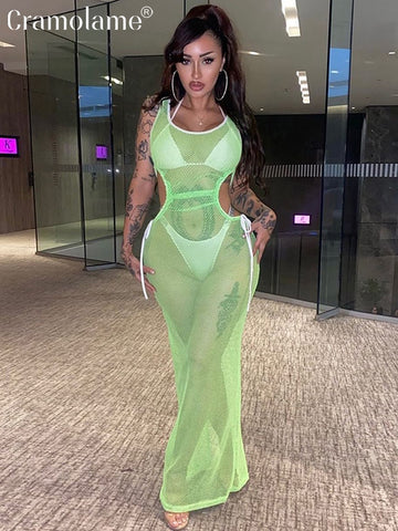 Sleeveless Cut Out Sexy Mesh Maxi Dress Women Backless Straps Party Bodycon Long Dresses Bikini Cover Up Beach Dress 2023 Summer