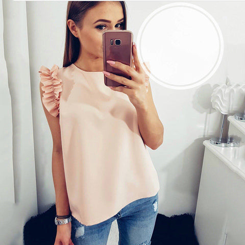 Sleeveless Ruffles Casaul Blusa Feminina Solid Elegant Office Lady Womens Tops And Blouses Summer Shirts Women 2022 LY032F