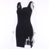 Sleeveless Square V Neck Sexy Black Dress Summer Women  Slim Pencil Hip Split Dress Street Casual Mini Dresses Vestidos