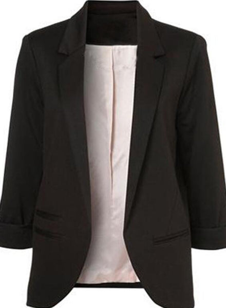 Slim British Women Blazers and Jackets Solid 3/4 Ruched Sleeve Open Front Spring Autumn Work Office Blazer Femenino 12