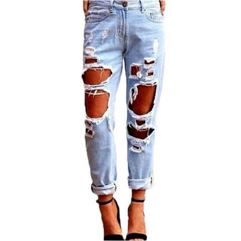 Slim Hole Ripped Jeans for Women Mid Waist Denim Plus Size fashion Pants Blue 2022 Casual Design ladies Pencil Trousers **