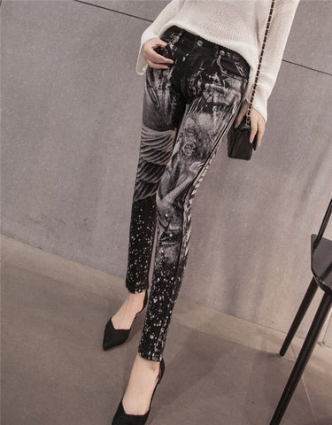 Slim Jeans For Women Skinny Rhinestones Jeans Woman Blue Denim Pencil Pants Stretch Women Print Jeans Black Pants Calca Feminina