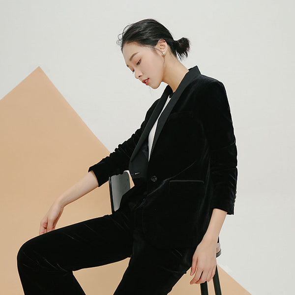 Slim Short Suit Long Sleeve Blazer Women Casual Green Velvet Jacket Suit Ladies Office Black Basic Jackets Woman Coat X50084