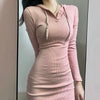 Slim Stretch Casual Sexy Long Sleeve Hooded Pink Dress Women Wrap Hip Autumn Vestido Mujer Grey Hoodies Knit Wild Robe