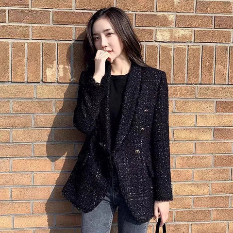 Small Fragrance Wind Suit Jacket Women's Blazer Autumn 2023 British Style Black Slim Wool Blend Coats Female Casual Outwear