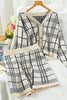 Small Korean 2022 Spring And Autumn V-neck Plaid Short Knit Sweater Package Hip Skirt Two-piece Female