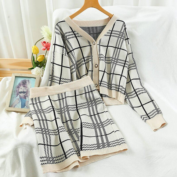 Small Korean 2022 Spring And Autumn V-neck Plaid Short Knit Sweater Package Hip Skirt Two-piece Female
