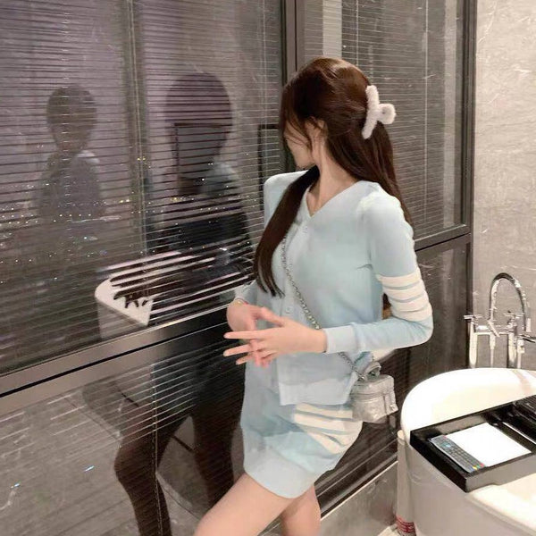 Small tb suit skirt female waffle V-neck cardigan knitted high-waisted short skirt package hip skirt two-piece spring